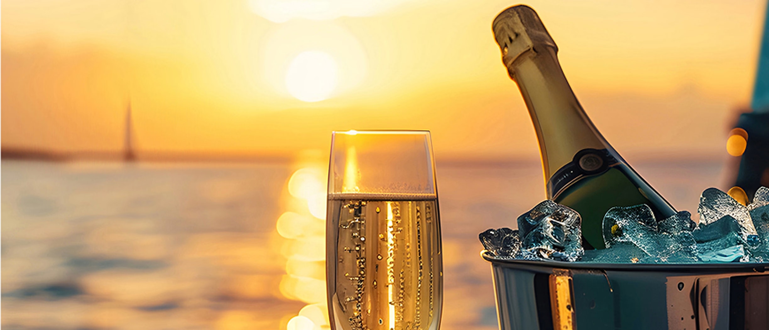 Champagneglas och flaska i ishink mot en gyllene solnedgång över havet