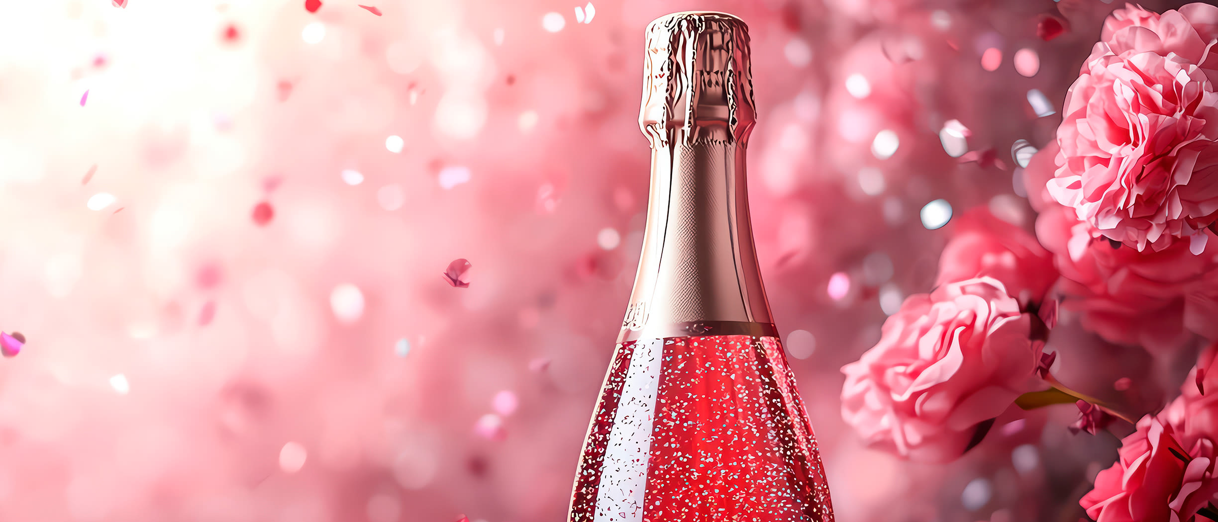 Vaaleanpunaisella taustalla roseesamppanjapullo