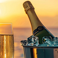 Champagneflaska i ishink och champagne i glas med hav och solnedgång i bakgrunden.