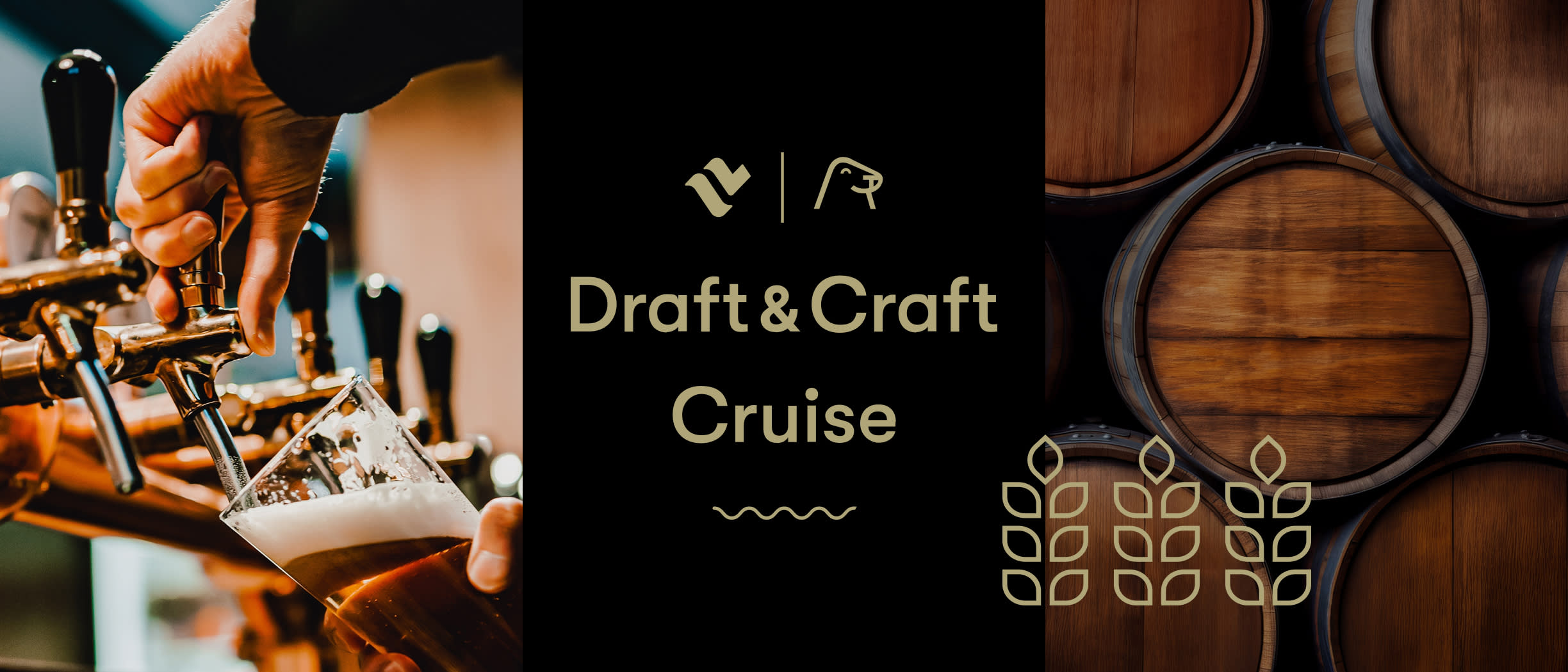 Tallink Silja Linen Draft & Craft -risteilyn logo keskellä ja sivuilla juomia kaadetaan lasiin