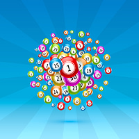 Värikäs bingoaiheinen kuvitus, jossa numeroitu bingopallo on keskellä ja ympärillä useita bingo- ja numeropalloja.