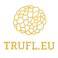 Treufl.eu web address and a garphic imitation of a truffle are painted in a gold hue.